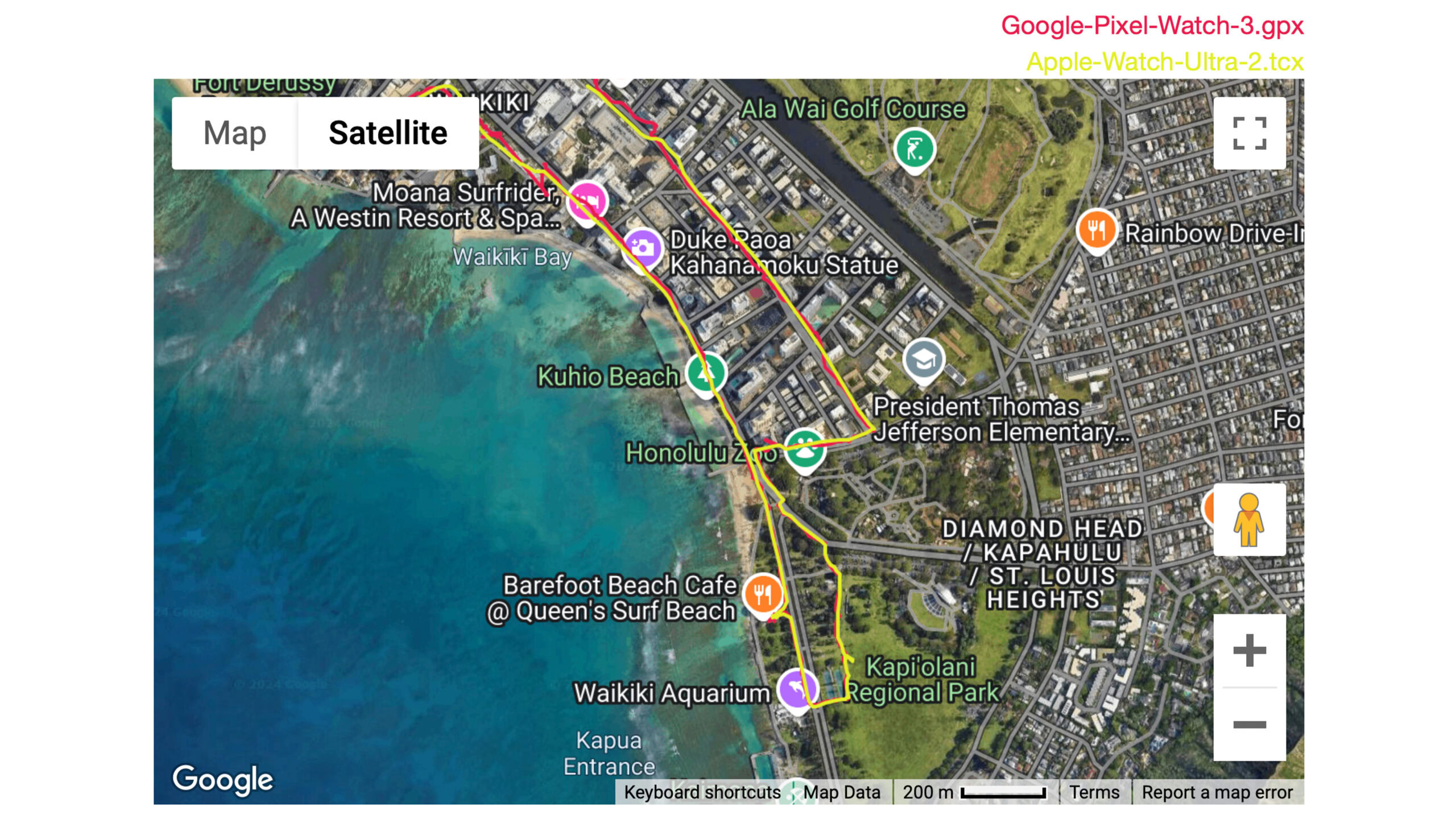 Google Pixel Relógio 3 GPS 2 Um mapa GPS mostra uma rota de corrida urbana registrada pelo Google Pixel Watch 3 e Apple Watch Ultra 2.