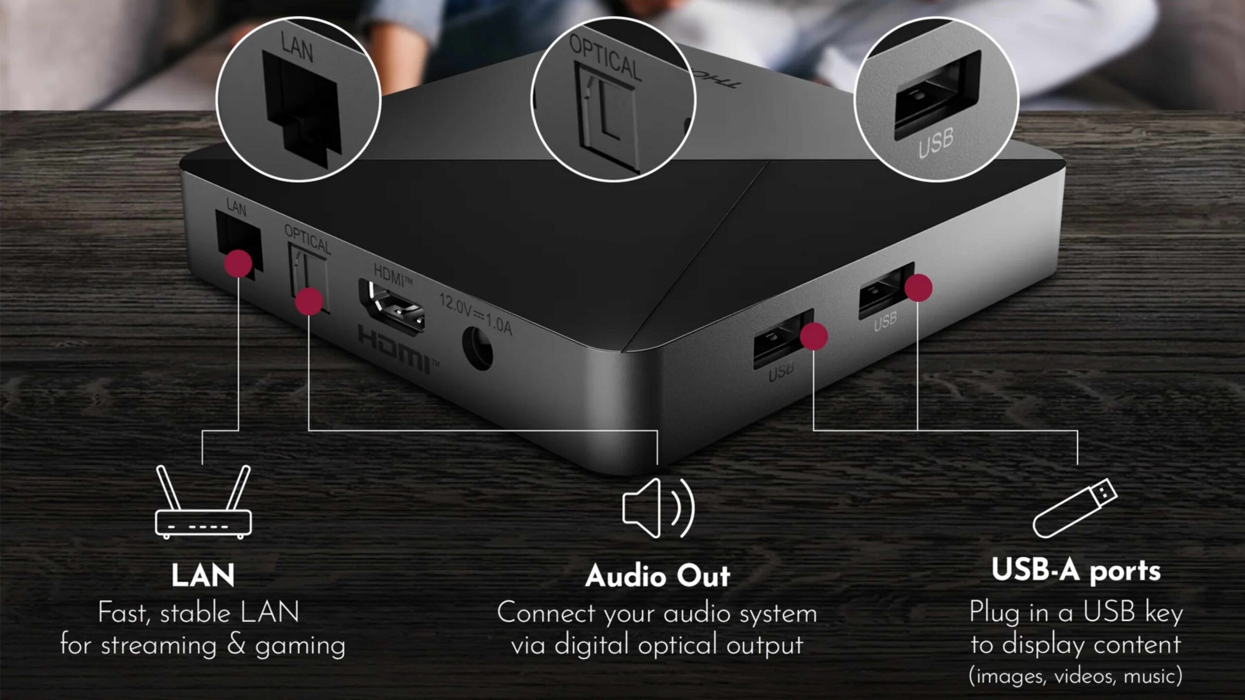 A caixa de streaming da Thomson Google TV mostrando as entradas e saídas.