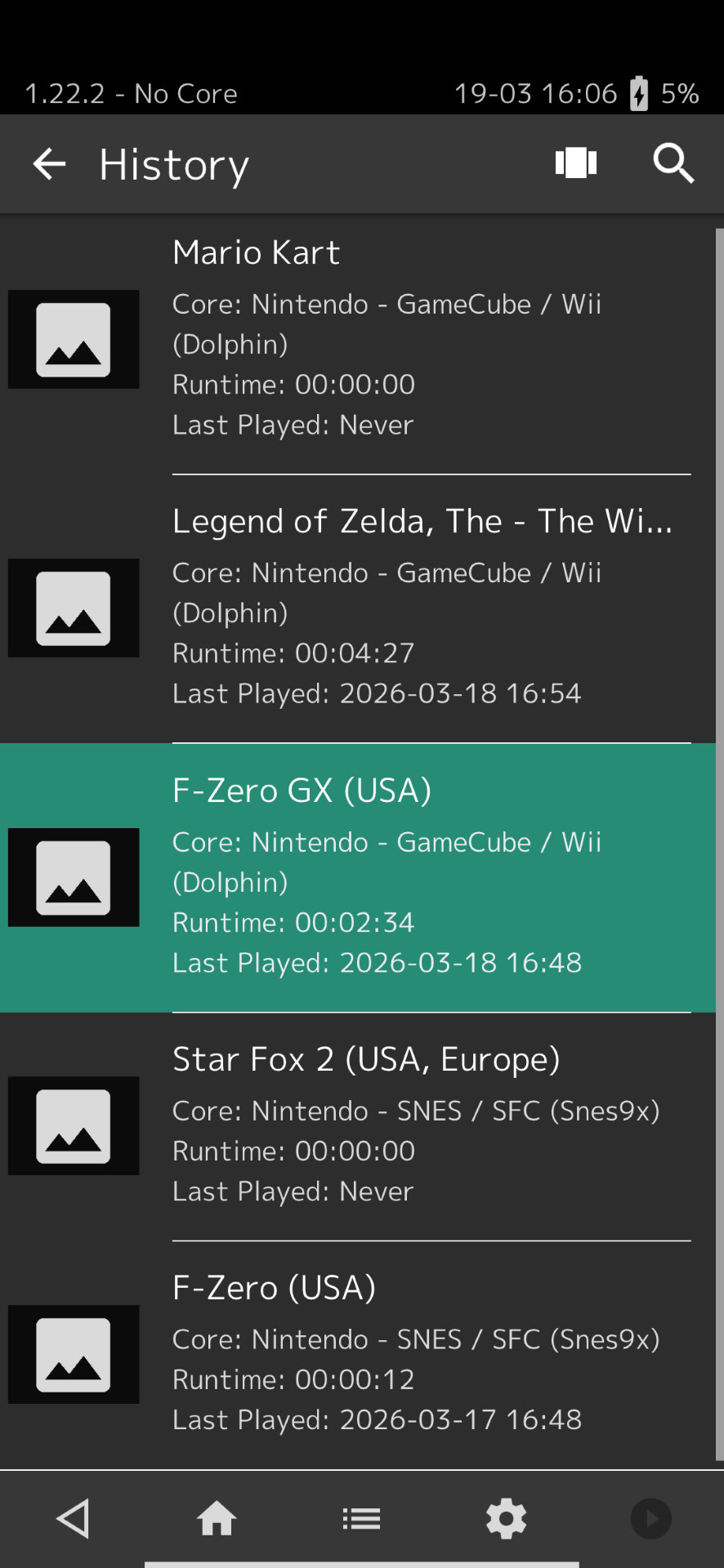 Captura de tela do histórico do RetroArch