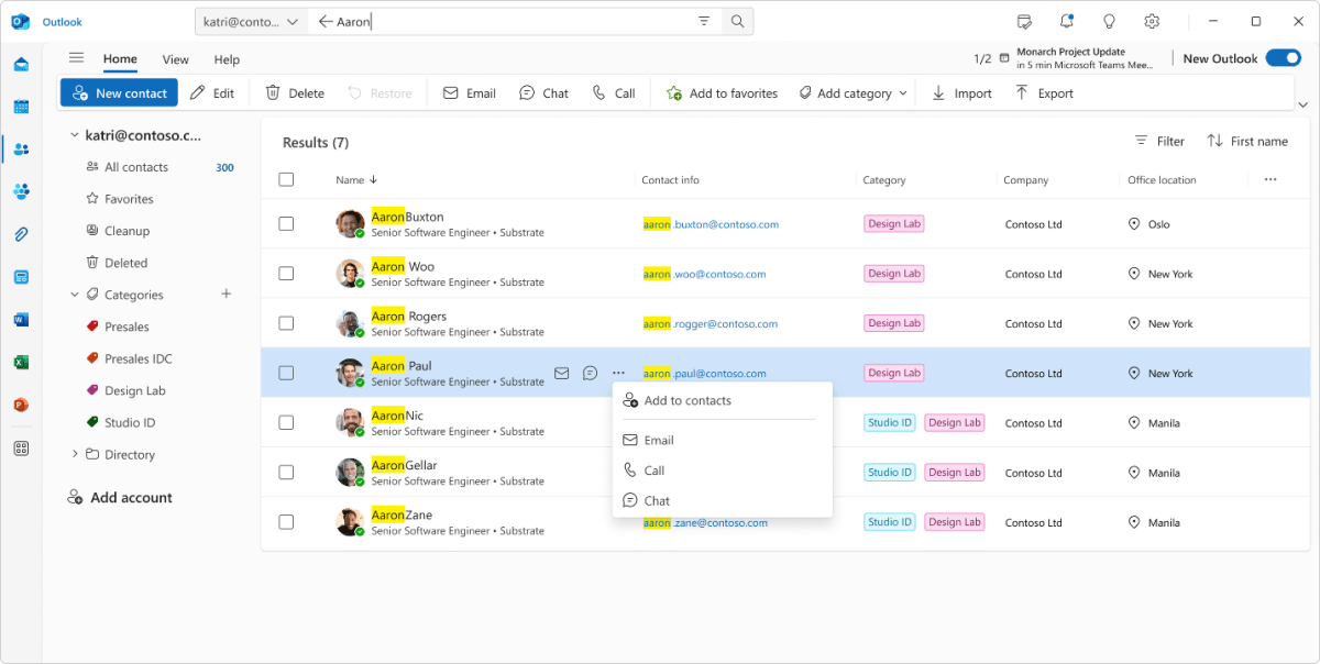 Visualização de novos contatos do Outlook
