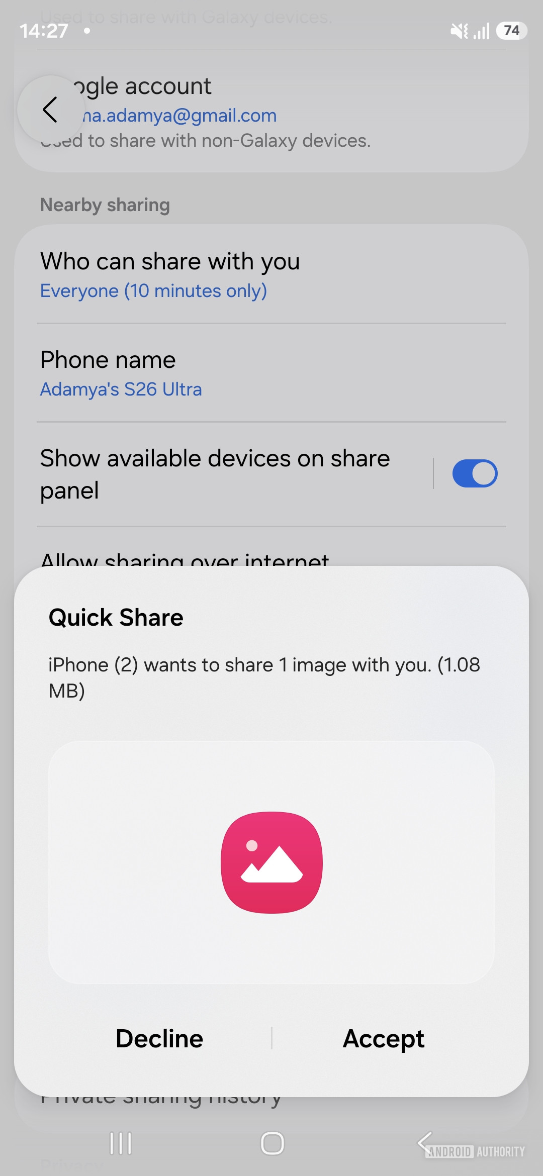 Transferência de airdrop de compartilhamento rápido do Galaxy S26 Ultra