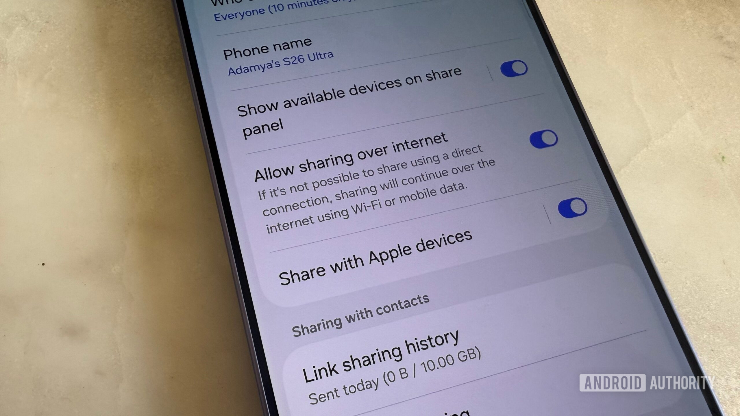 Configuração de compartilhamento do Samsung Galaxy S26 Ultra com dispositivos Apple