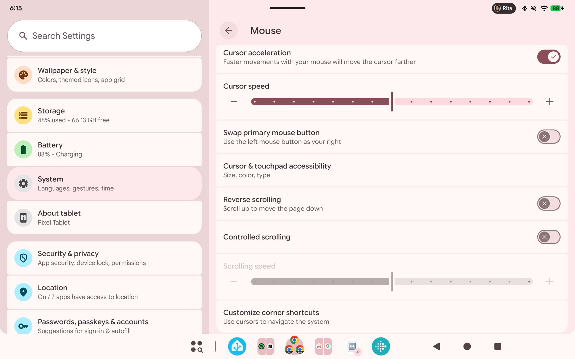captura de tela pixel tablet configurações do mouse android