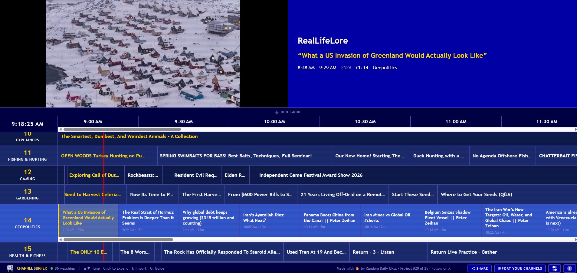 Interface web do surfista do canal