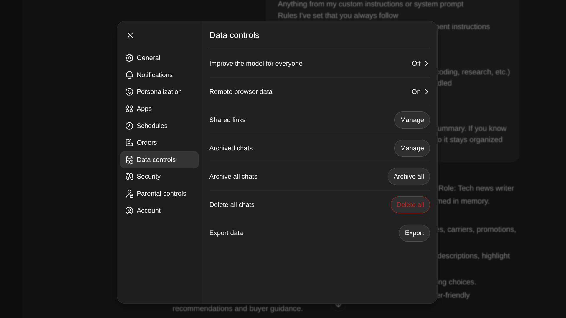 controles de dados chatgpt excluir