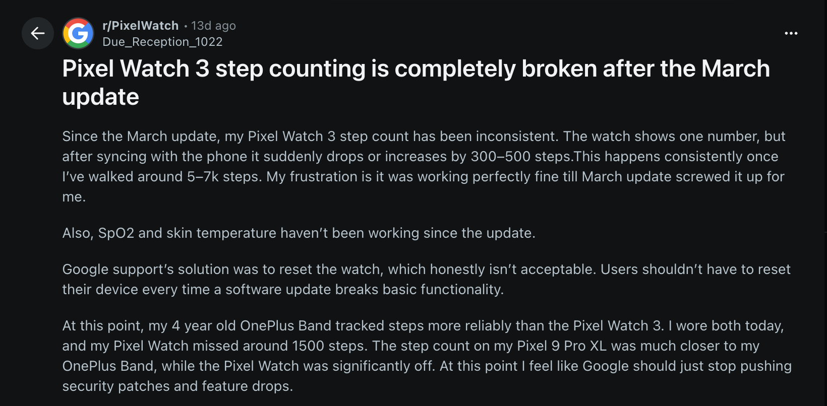 Captura de tela 2026 03 23 às 14h07min28 Bug de contagem excessiva de etapas do Pixel Watch