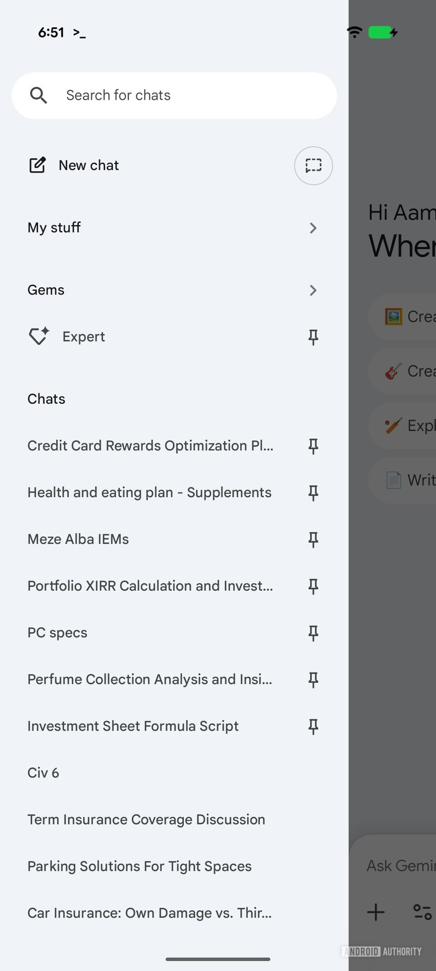 Interface atual do aplicativo Android Gemini