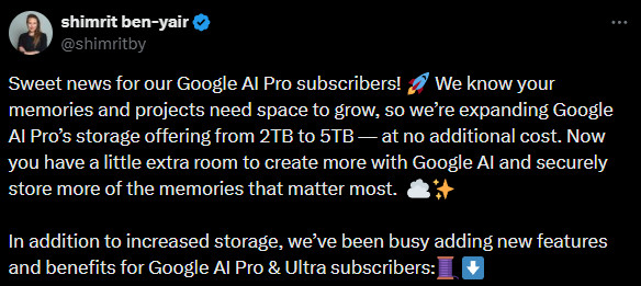 Atualização de 5 TB do Google One AI Pro, Shimrit Ben Yair