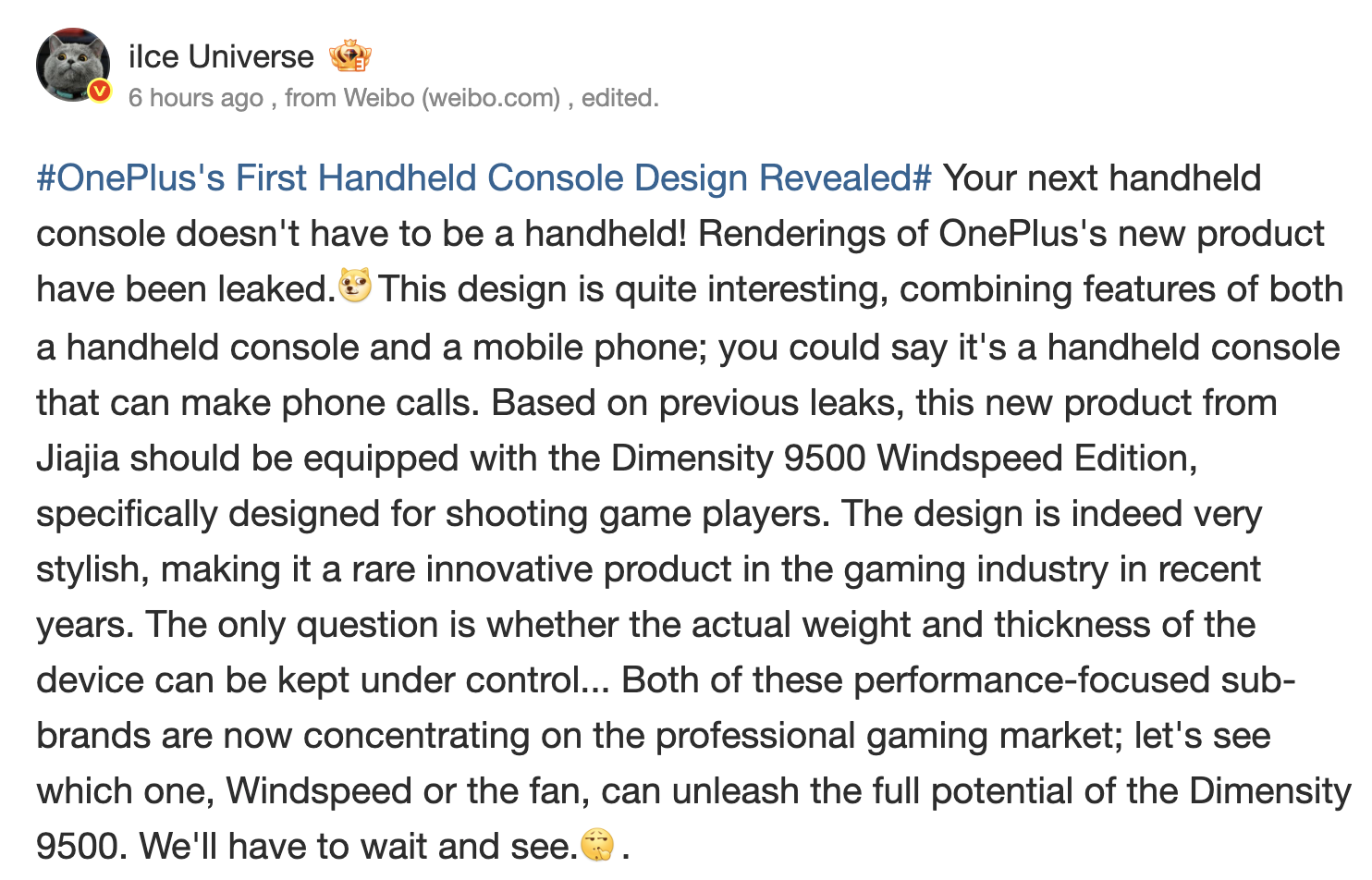 Vazamento de dispositivo portátil para jogos Oneplus Weibo
