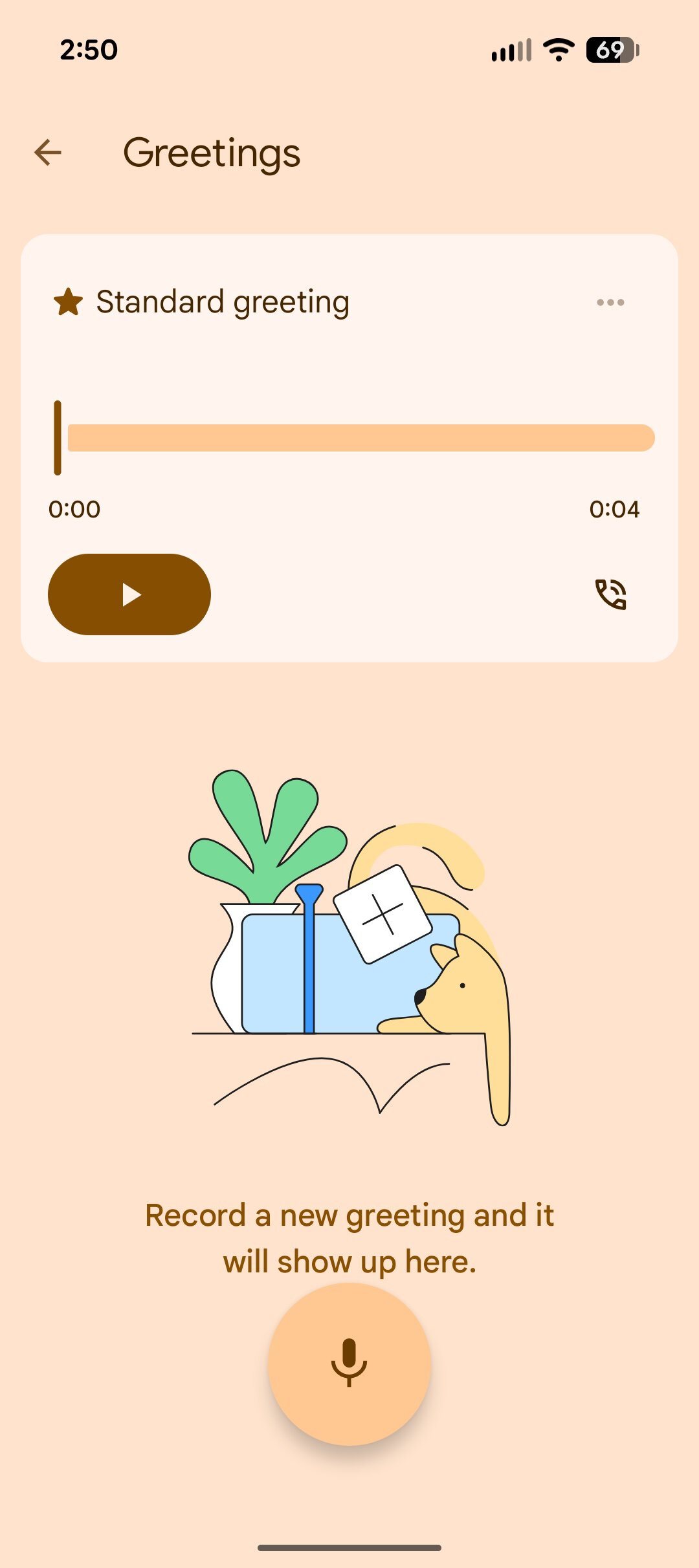 Captura de tela da criação de uma saudação personalizada para receber uma mensagem no aplicativo Google Phone.