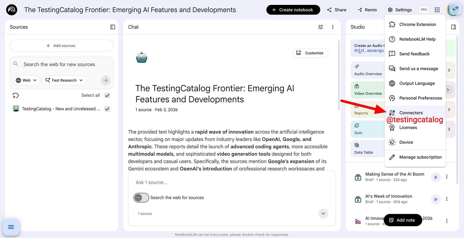 Conectores testados em NotebookLM