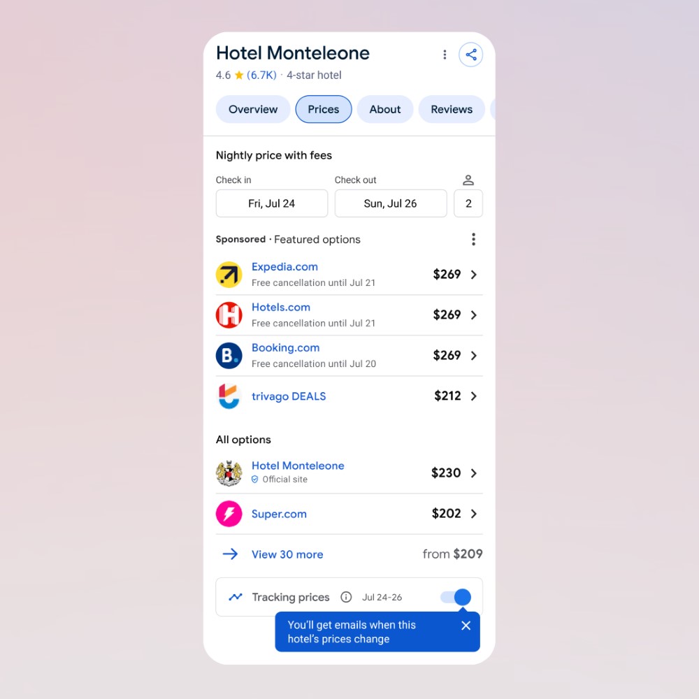 rastreamento de preços de hotéis do Google