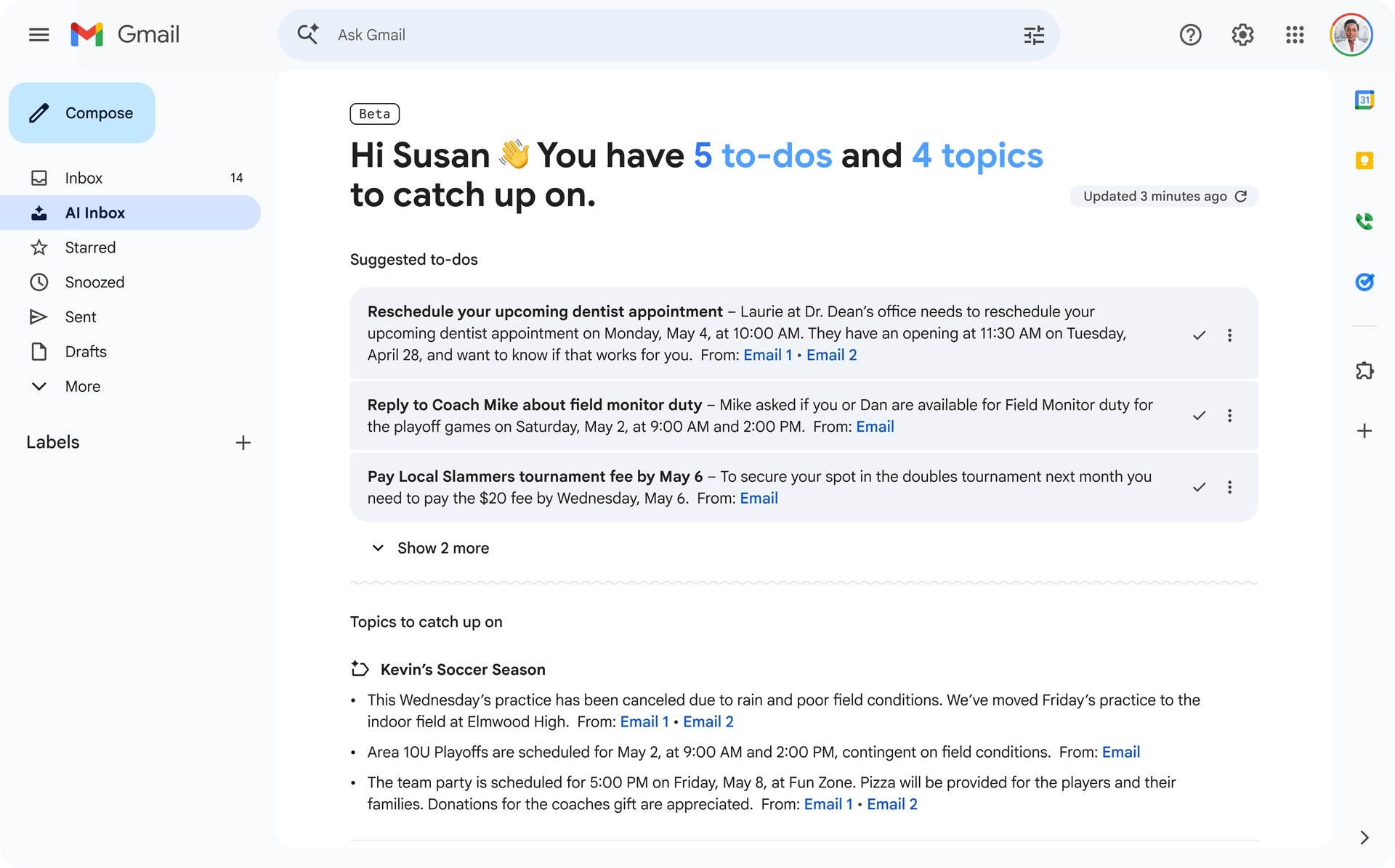 Captura de tela da caixa de entrada do Google AI