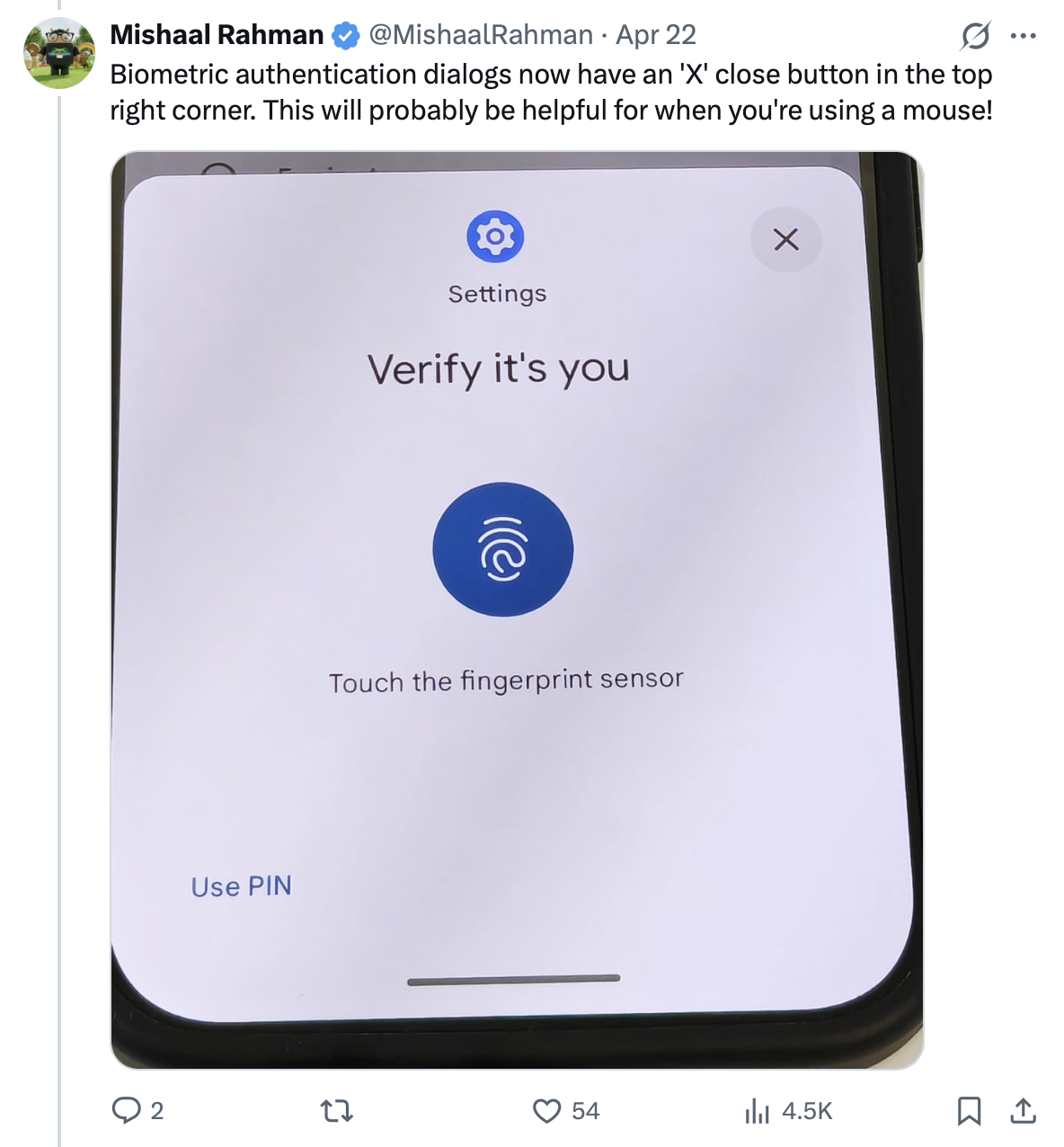 Um tweet explicando as mudanças biométricas do Android 17 Beta 4.