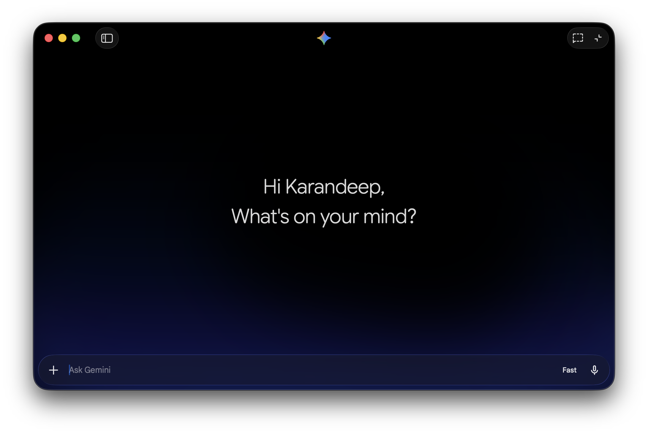 Captura de tela da página inicial do aplicativo Gemini para Mac