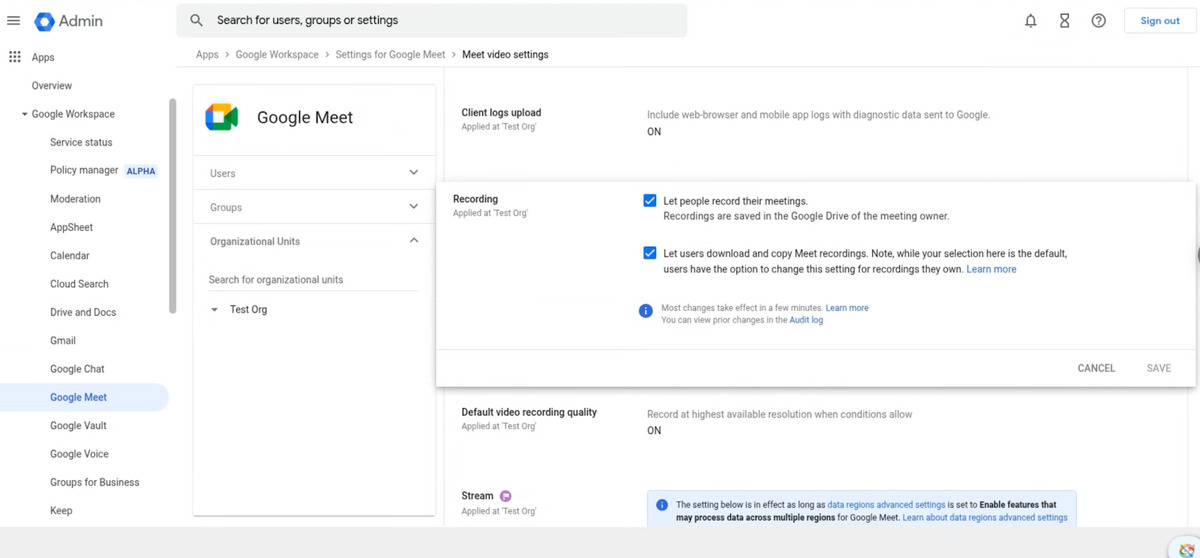 Próxima alteração na configuração padrão para download de gravações do Google Meet